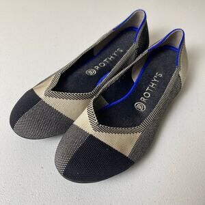 Rothy's Sz 9.5 Round Captoe Black Cream Buffalo Plaid Knit Ballet Flats Comfort